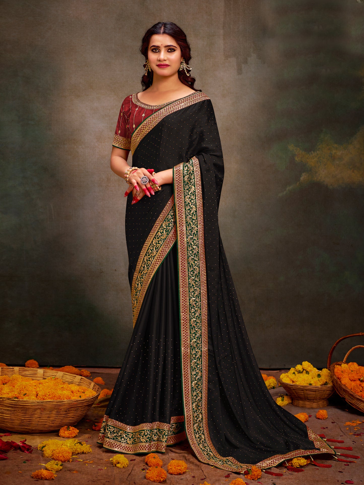 Women's Satin Silk Maroon Embroidered Designer Saree With Blouse Piece