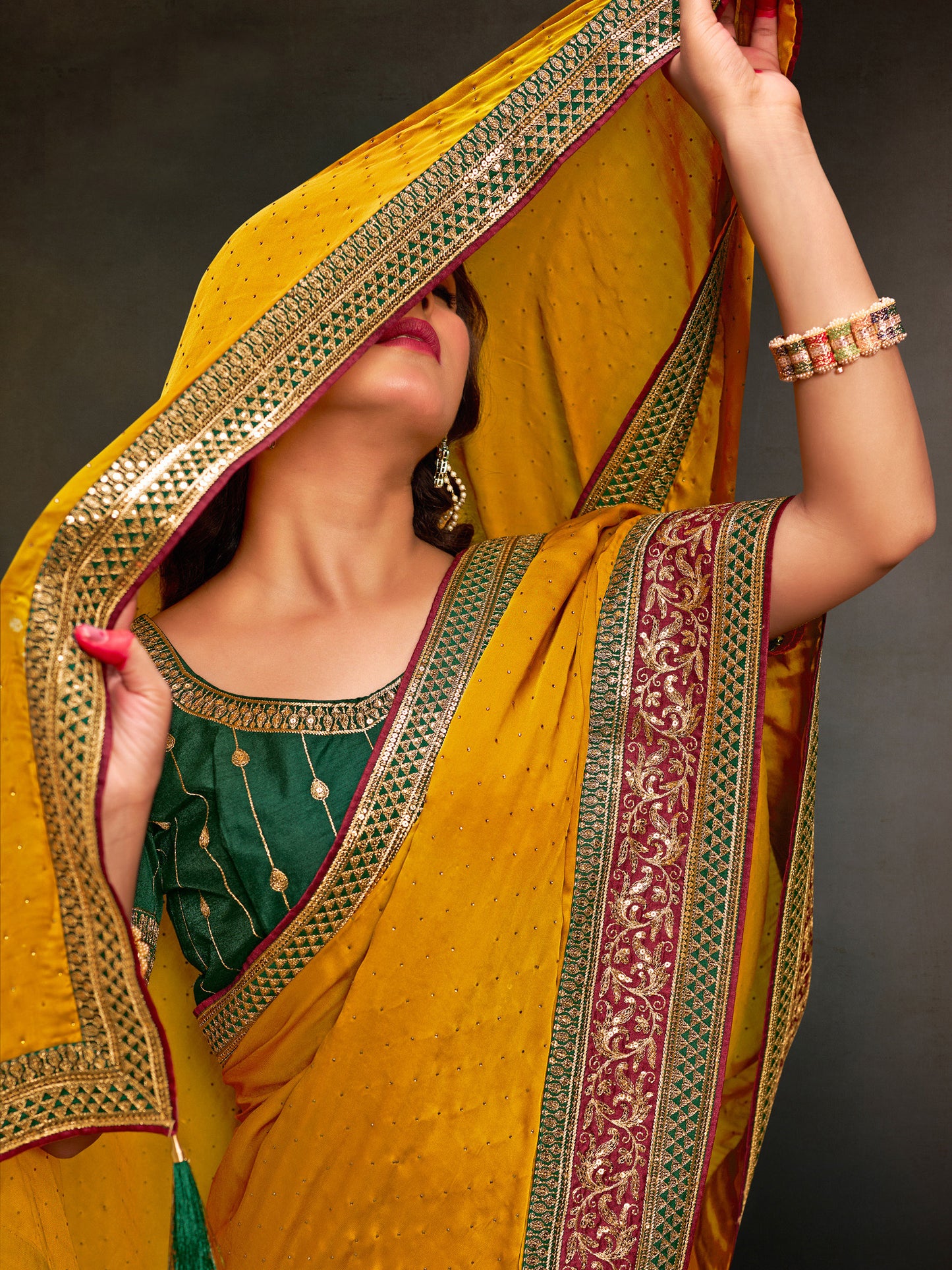 Women's Satin Silk Green Embroidered Designer Saree With Blouse Piece