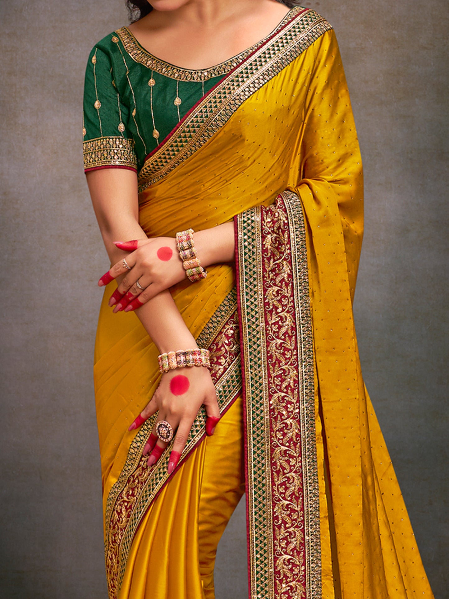 Women's Satin Silk Green Embroidered Designer Saree With Blouse Piece