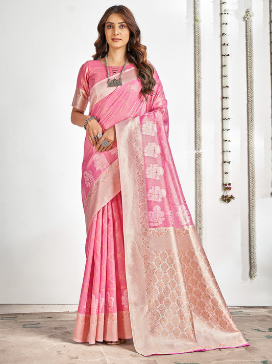 Women's Cotton Pink Woven Design Designer Saree With Blouse Piece