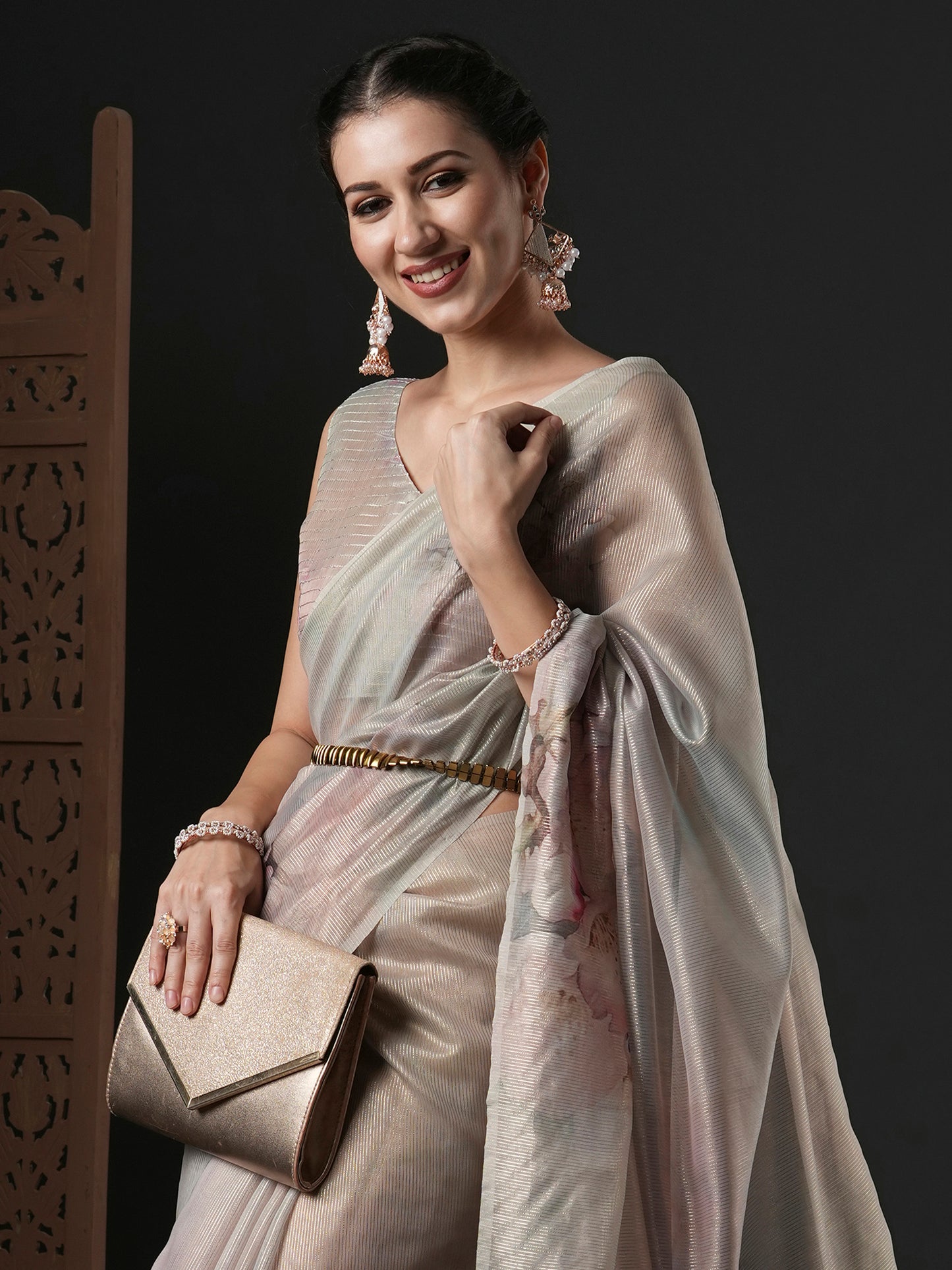Women's Organza Beige Printed Designer Saree With Blouse Piece