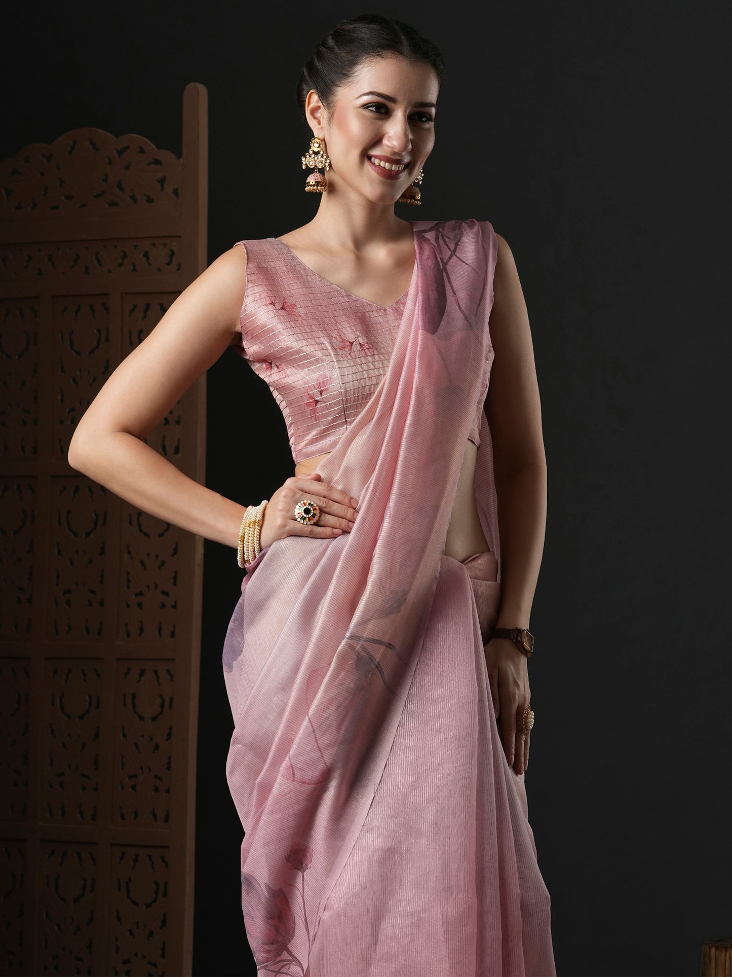 Women's Organza Pink Printed Designer Saree With Blouse Piece