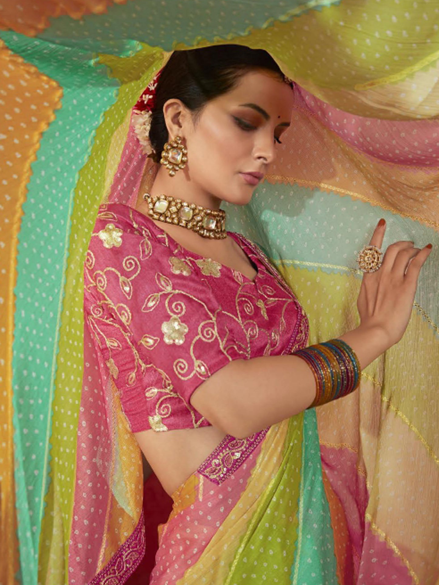 Women's Chiffon Multicolored Embellished Designer Saree With Blouse Piece