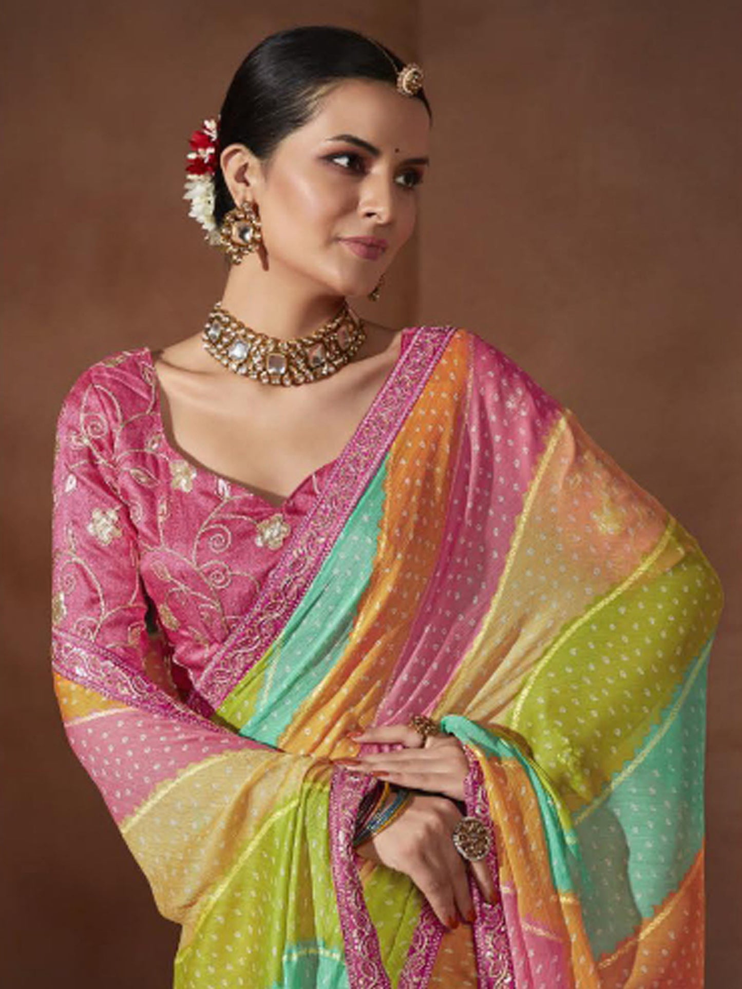 Women's Chiffon Multicolored Embellished Designer Saree With Blouse Piece