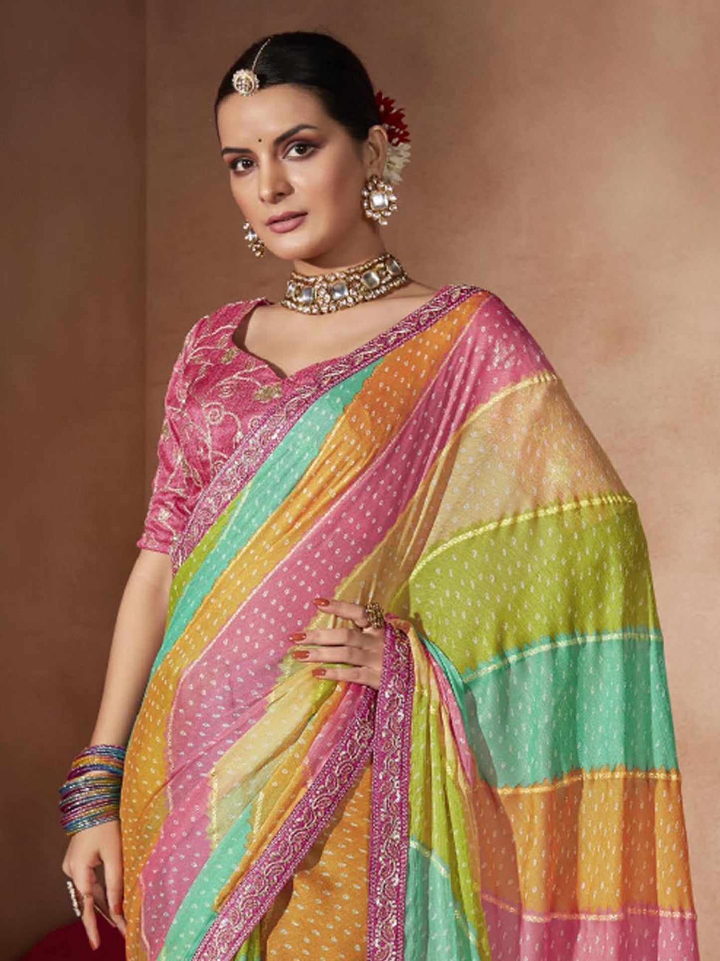 Women's Chiffon Multicolored Embellished Designer Saree With Blouse Piece