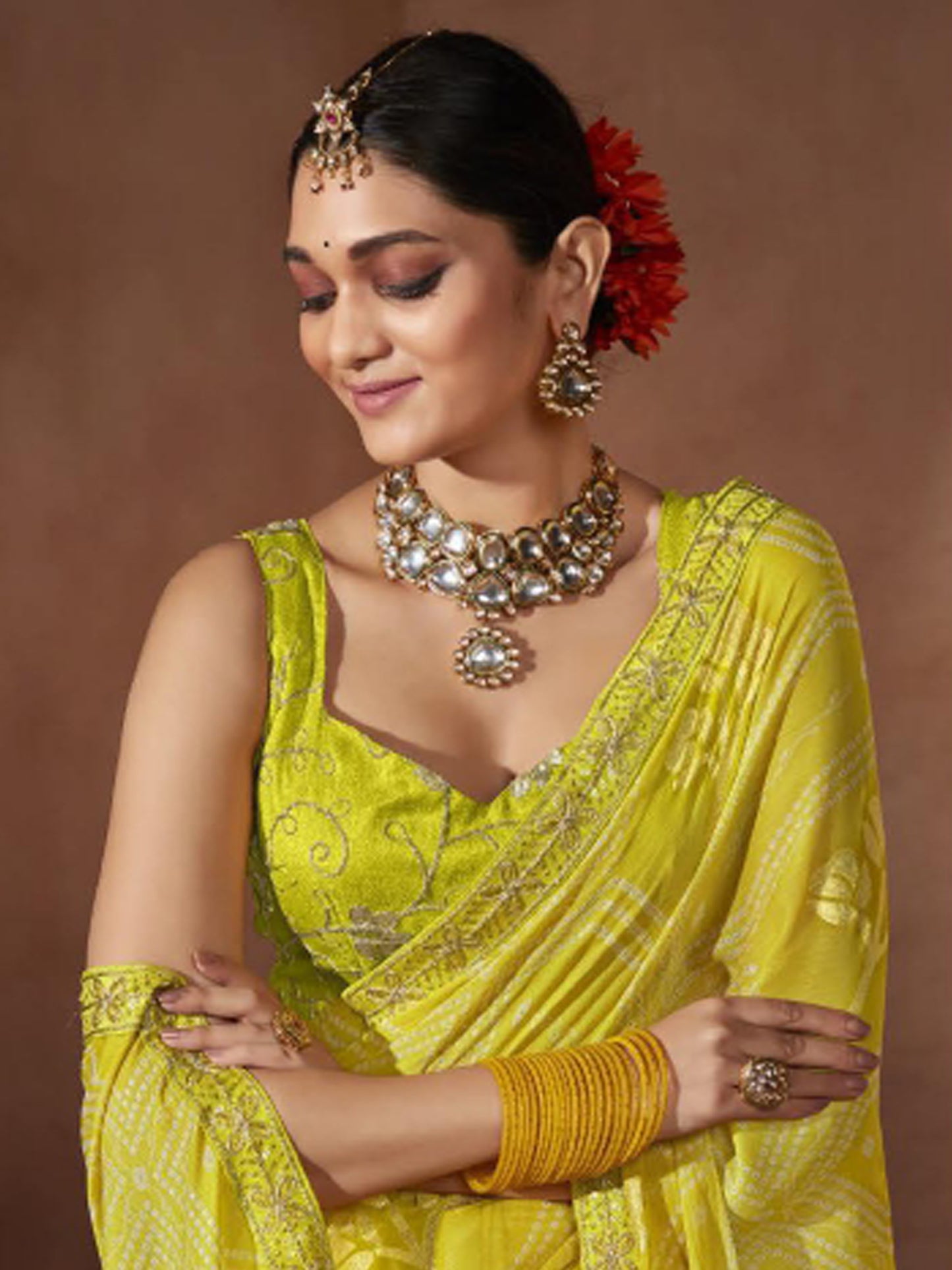 Women's Chiffon Lemon Yellow Embellished Designer Saree With Blouse Piece