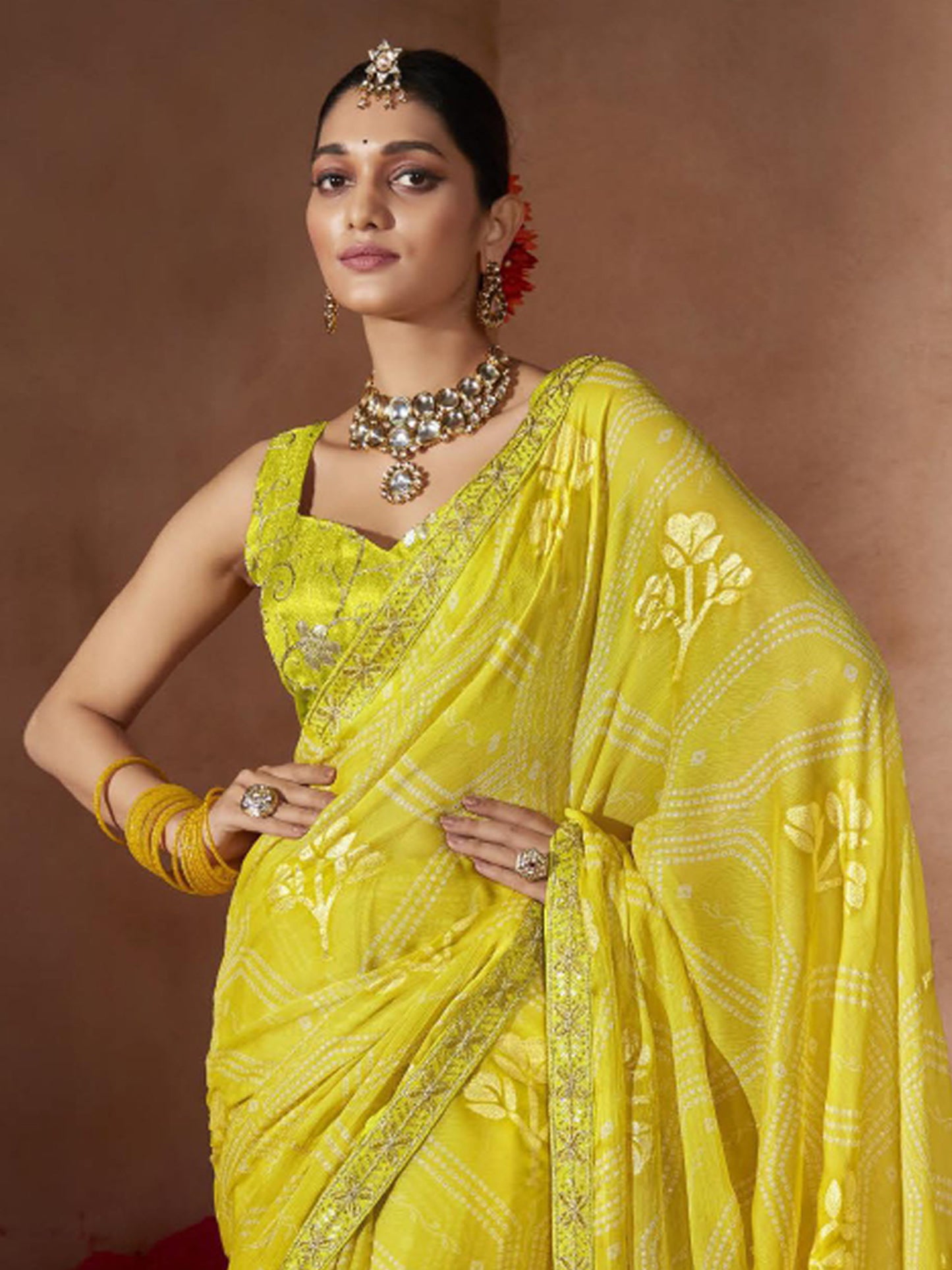 Women's Chiffon Lemon Yellow Embellished Designer Saree With Blouse Piece