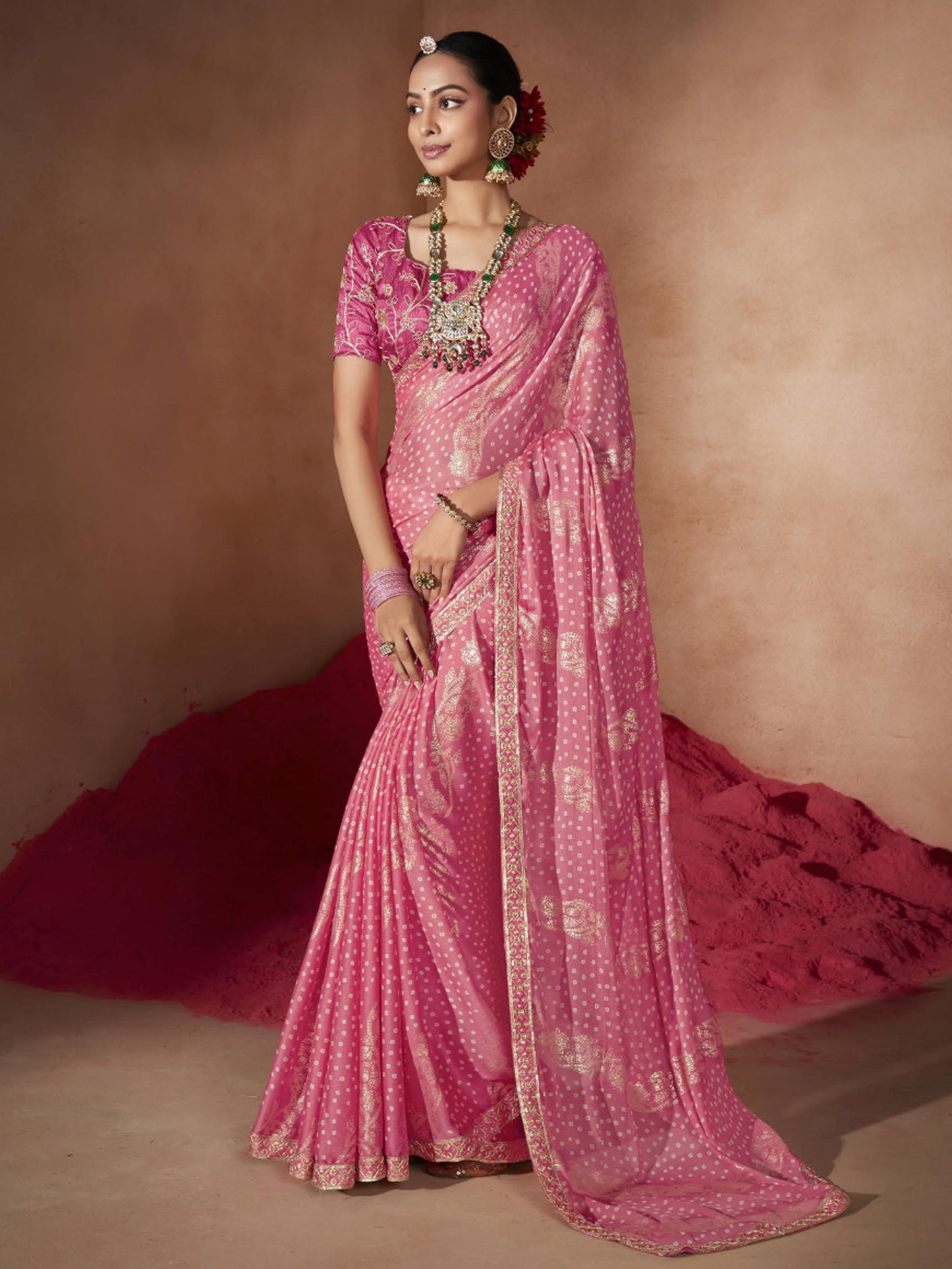 Women's Chiffon Pink Embellished Designer Saree With Blouse Piece