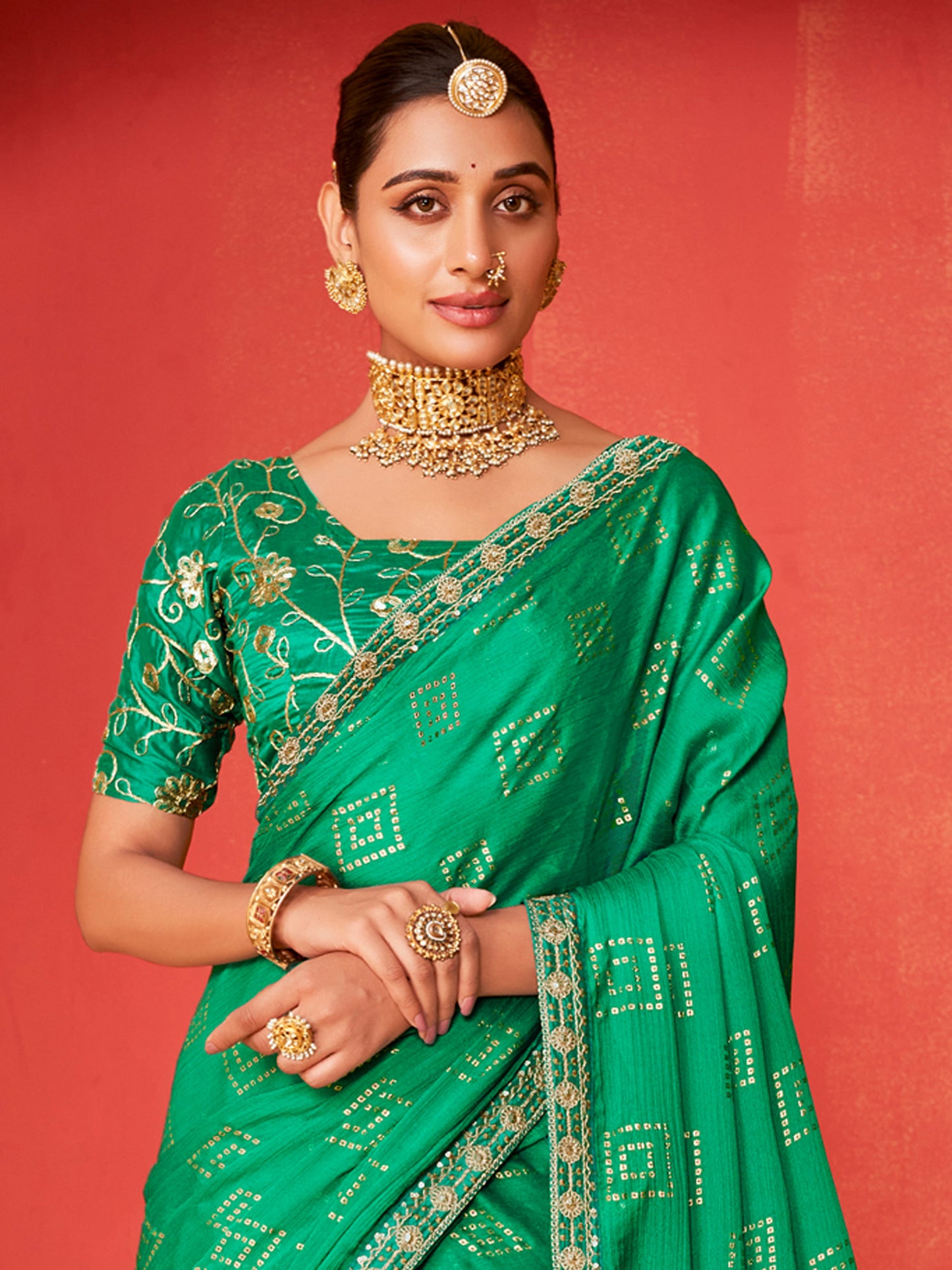 Women's Chiffon Teal green Embellished Designer Saree With Blouse Piece