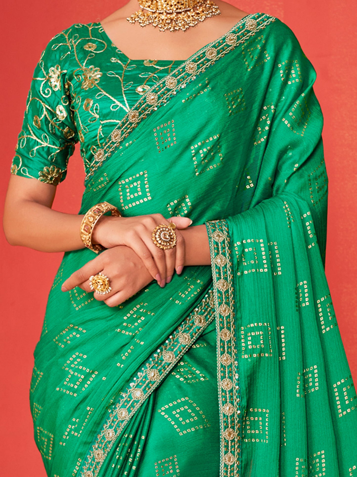 Women's Chiffon Teal green Embellished Designer Saree With Blouse Piece