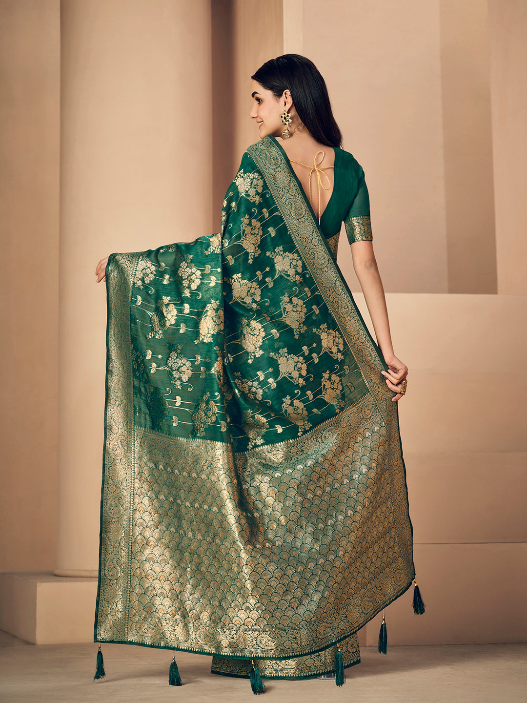 Dhiyona GR Women's Sargam Cadmium Green Zari Woven Design Linen Saree
