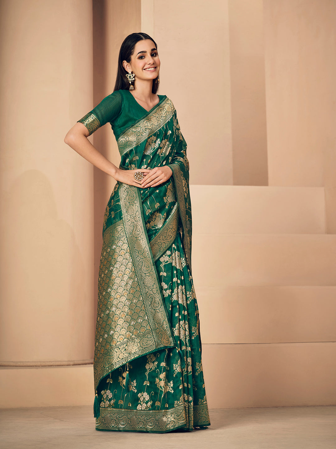 Dhiyona GR Women's Sargam Cadmium Green Zari Woven Design Linen Saree