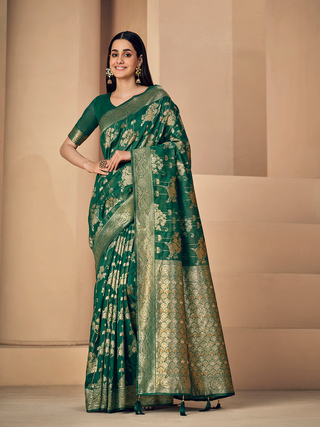 Dhiyona GR Women's Sargam Cadmium Green Zari Woven Design Linen Saree