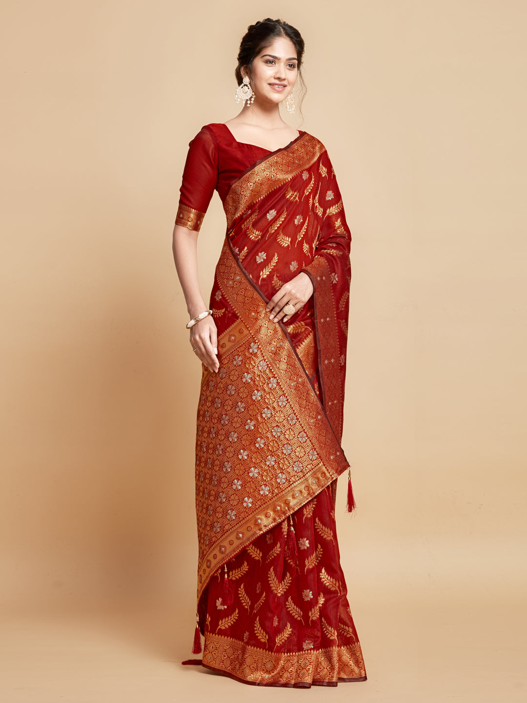 Dhiyona GR Women's Sargam Barn Red Zari Woven Design Linen Saree