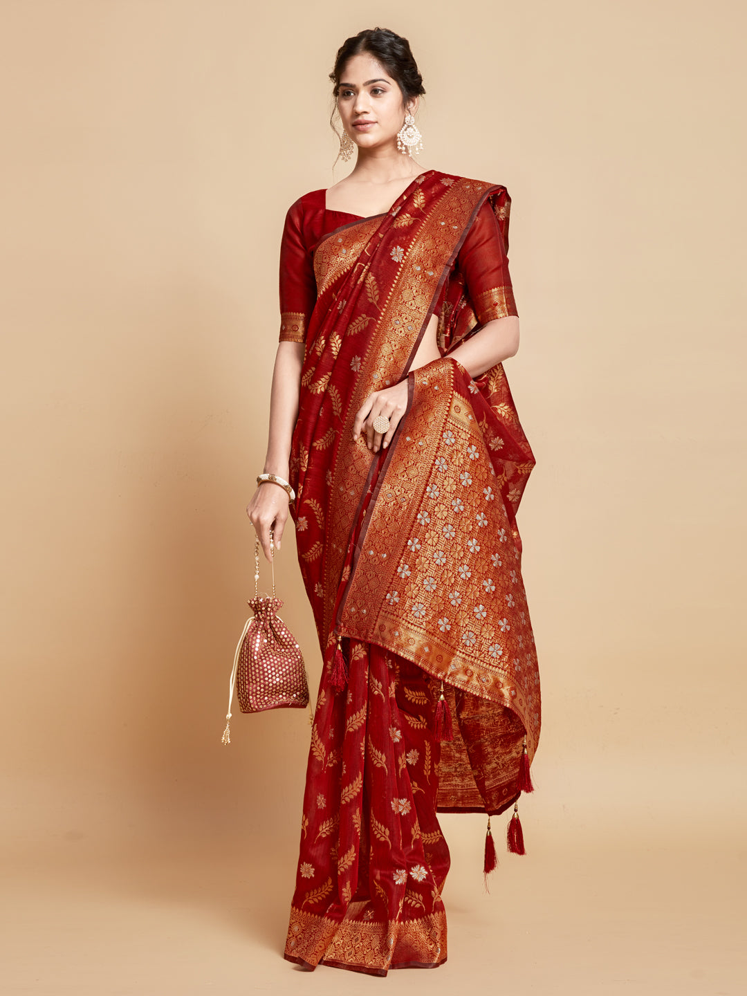 Dhiyona GR Women's Sargam Barn Red Zari Woven Design Linen Saree