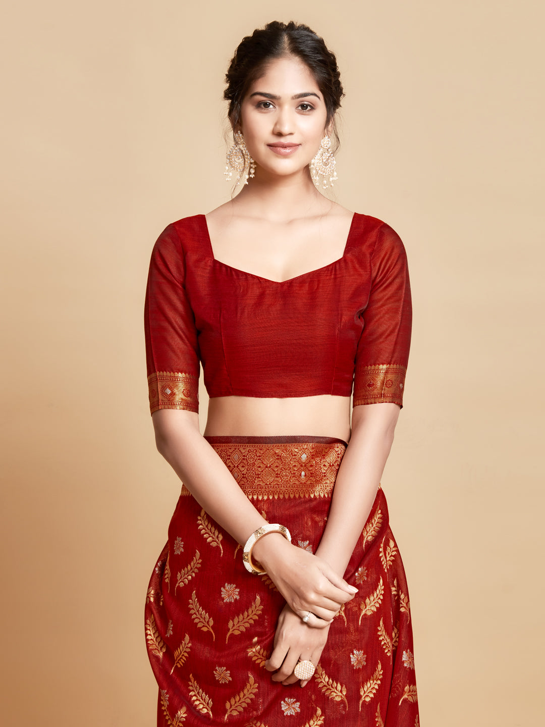 Dhiyona GR Women's Sargam Barn Red Zari Woven Design Linen Saree