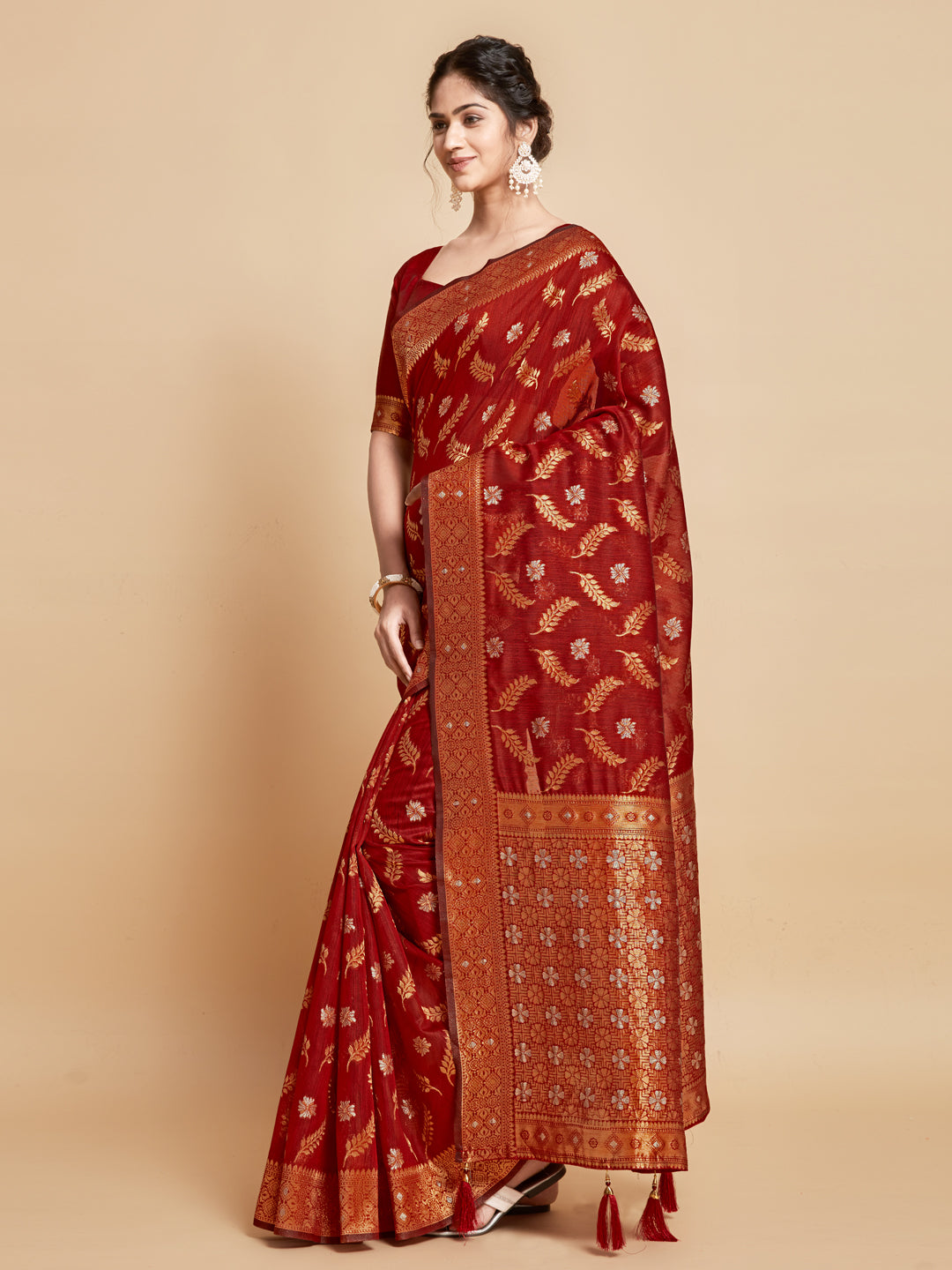 Dhiyona GR Women's Sargam Barn Red Zari Woven Design Linen Saree