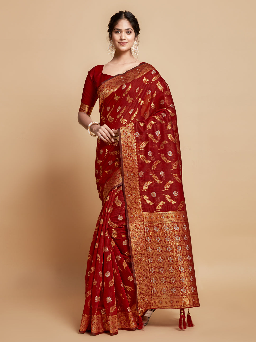 Dhiyona GR Women's Sargam Barn Red Zari Woven Design Linen Saree