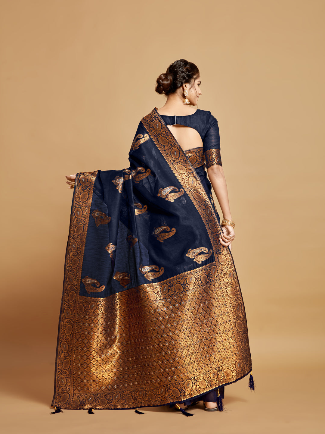 Dhiyona GR Women's Sargam Berry Blue Zari Woven Design Linen Saree
