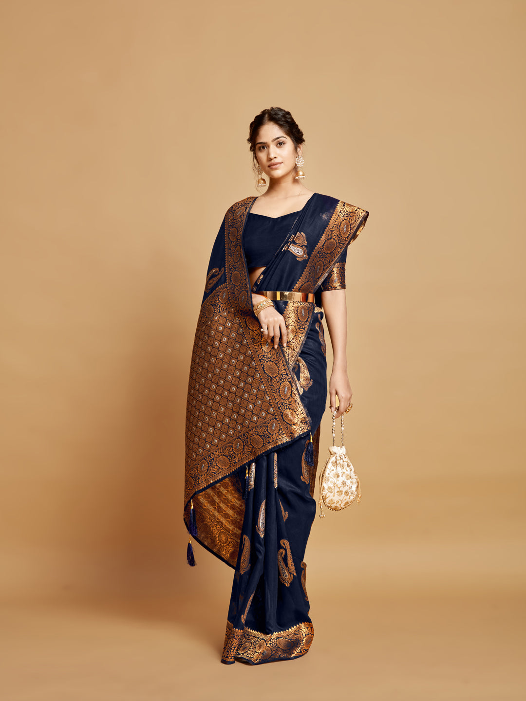 Dhiyona GR Women's Sargam Berry Blue Zari Woven Design Linen Saree