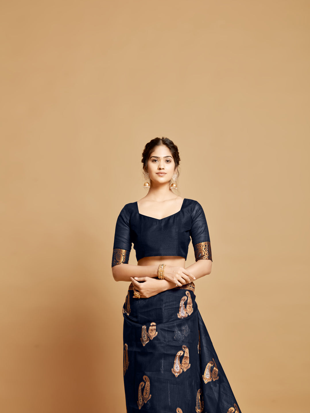 Dhiyona GR Women's Sargam Berry Blue Zari Woven Design Linen Saree