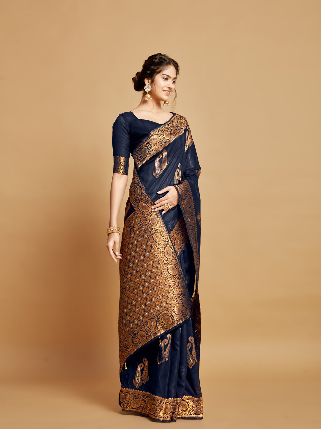 Dhiyona GR Women's Sargam Berry Blue Zari Woven Design Linen Saree