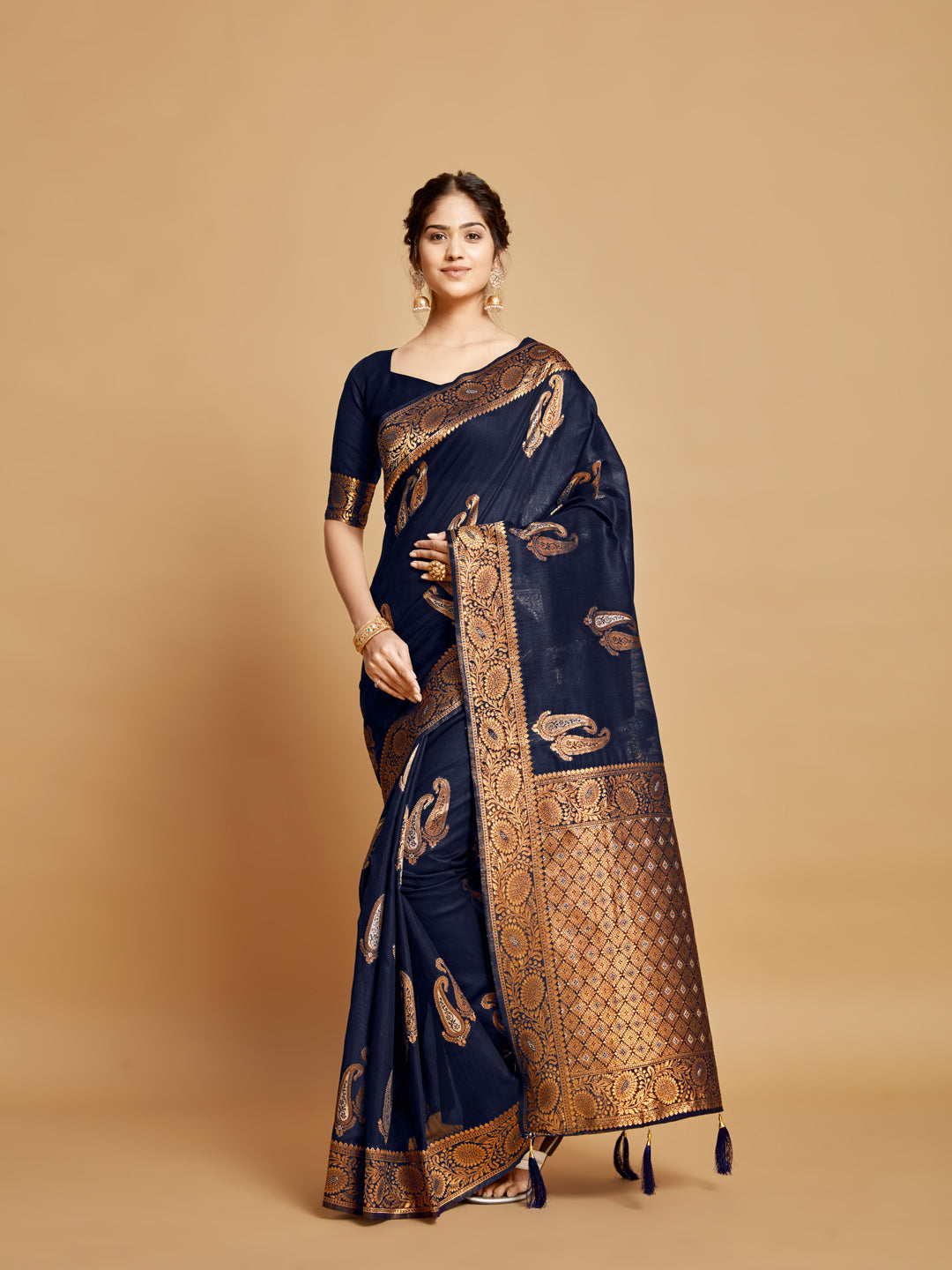Dhiyona GR Women's Sargam Berry Blue Zari Woven Design Linen Saree