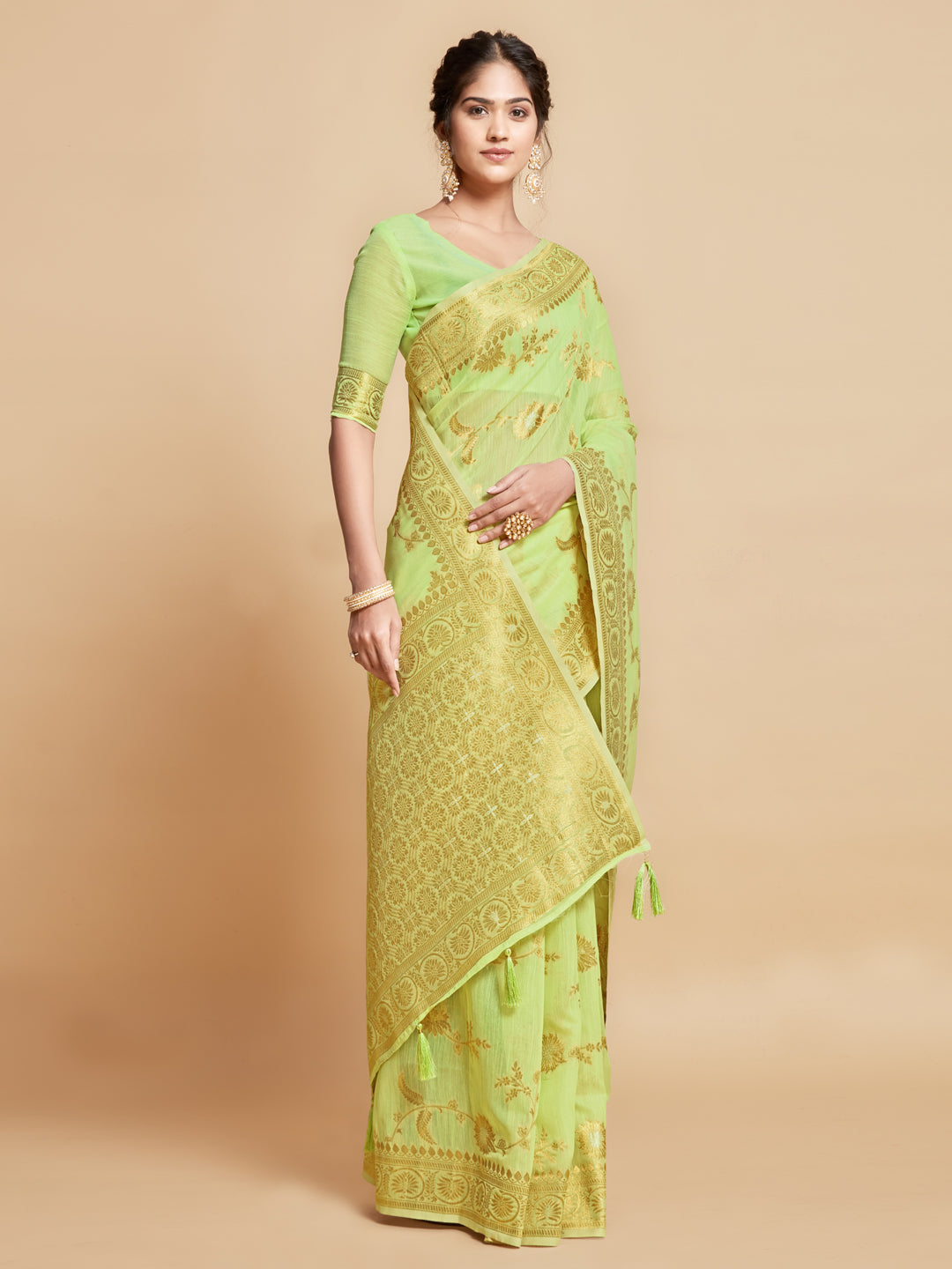 Dhiyona GR Women's Sargam Royal Lime Green Zari Woven Design Linen Saree