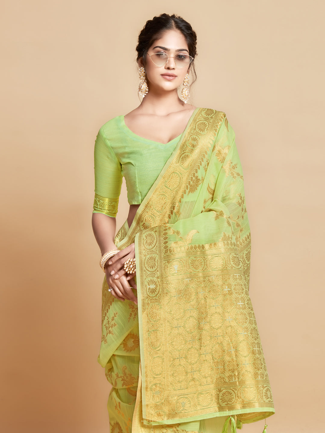 Dhiyona GR Women's Sargam Royal Lime Green Zari Woven Design Linen Saree
