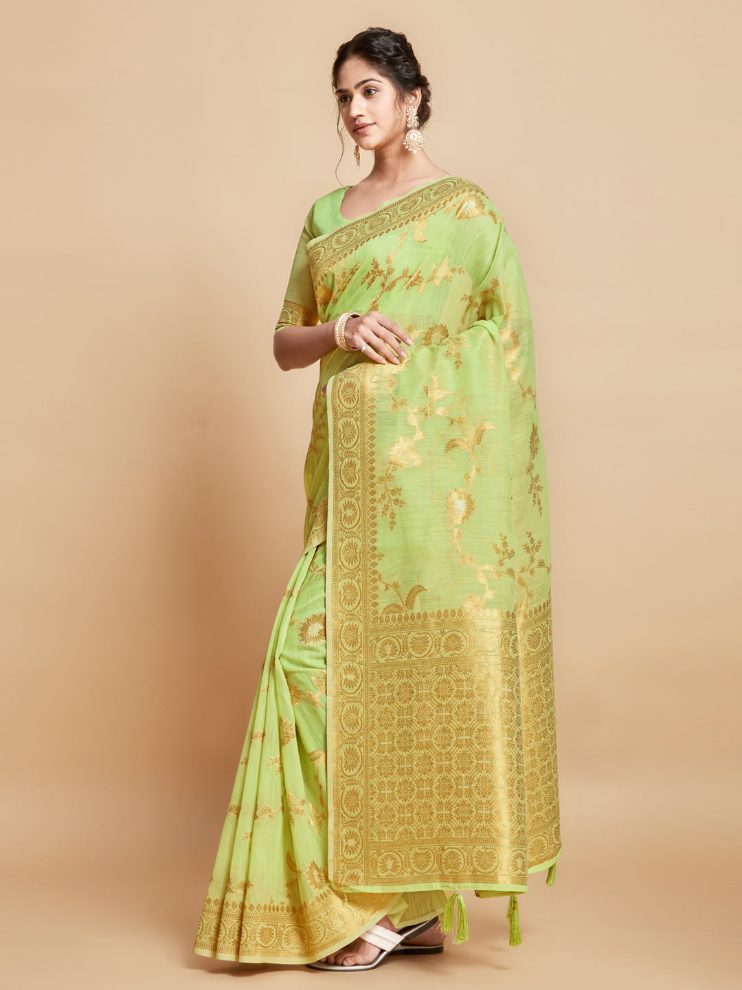 Dhiyona GR Women's Sargam Royal Lime Green Zari Woven Design Linen Saree