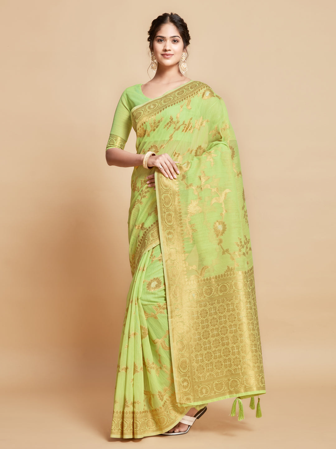 Dhiyona GR Women's Sargam Royal Lime Green Zari Woven Design Linen Saree