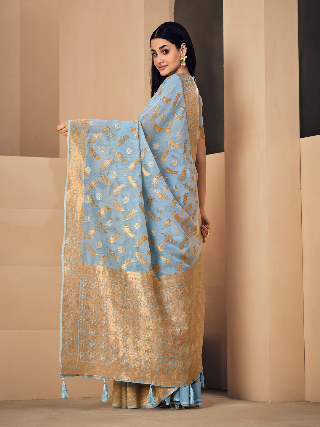 Dhiyona GR Women's Sargam Baby Blue Zari Woven Design Linen Saree
