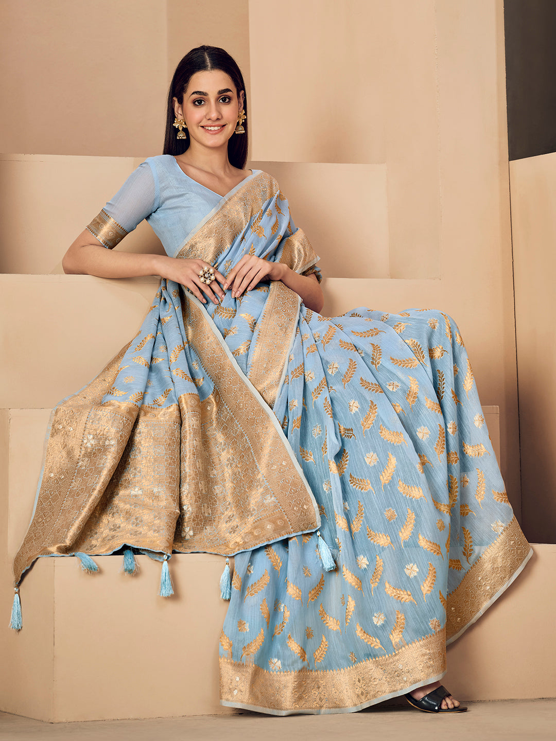 Dhiyona GR Women's Sargam Baby Blue Zari Woven Design Linen Saree