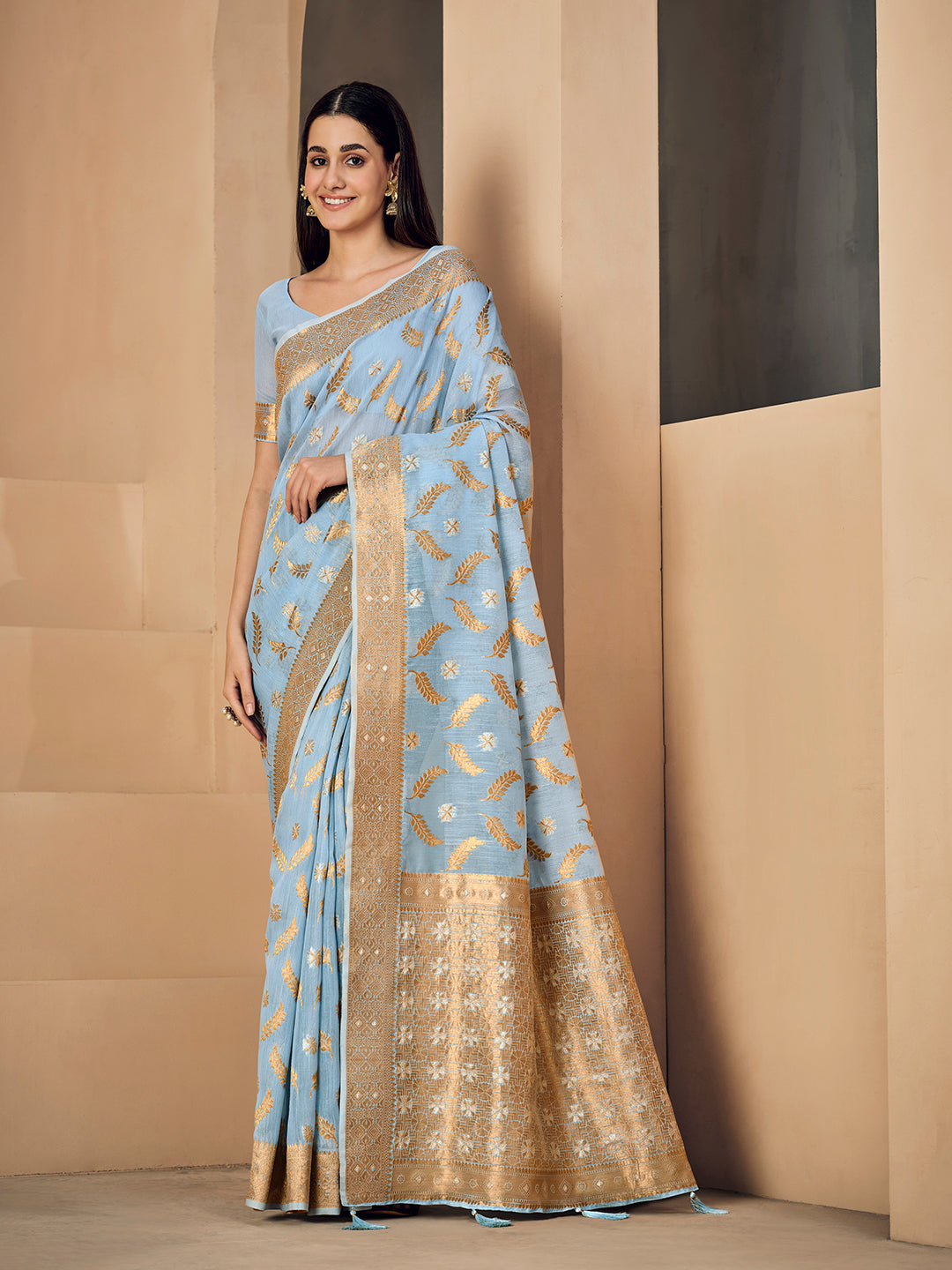 Dhiyona GR Women's Sargam Baby Blue Zari Woven Design Linen Saree