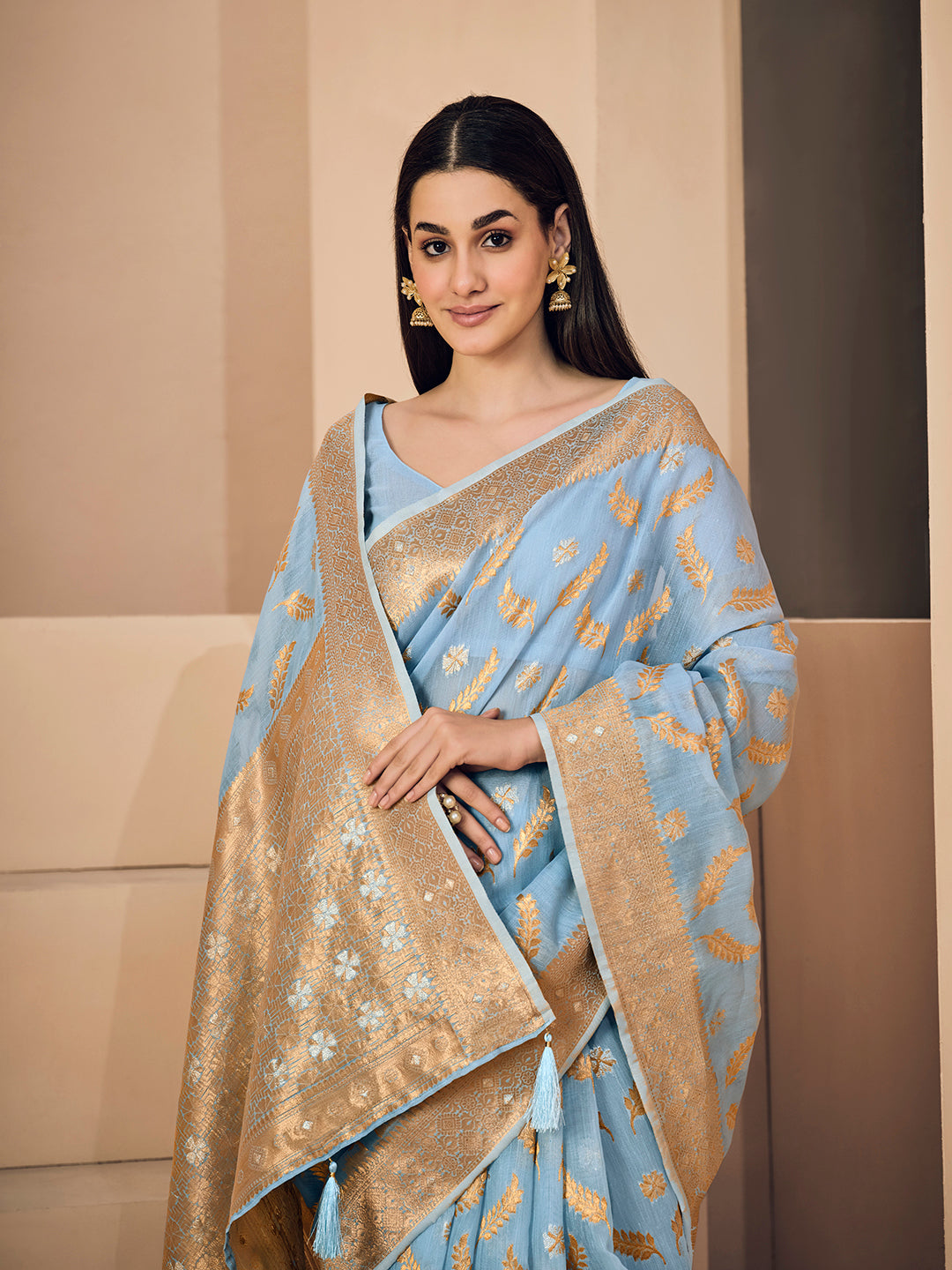 Dhiyona GR Women's Sargam Baby Blue Zari Woven Design Linen Saree