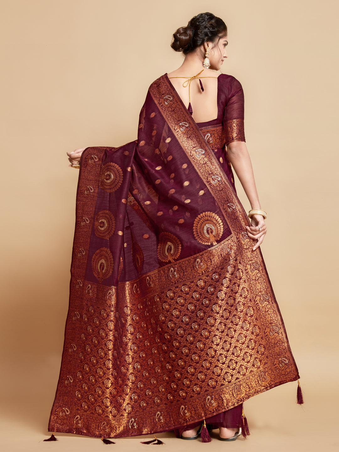 Dhiyona GR Women's Sargam Burnt Burgundy Zari Woven Design Linen Saree