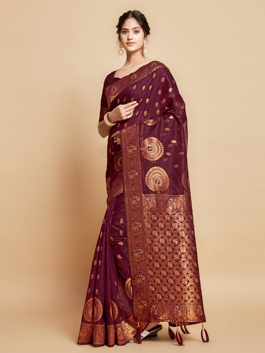 Dhiyona GR Women's Sargam Burnt Burgundy Zari Woven Design Linen Saree