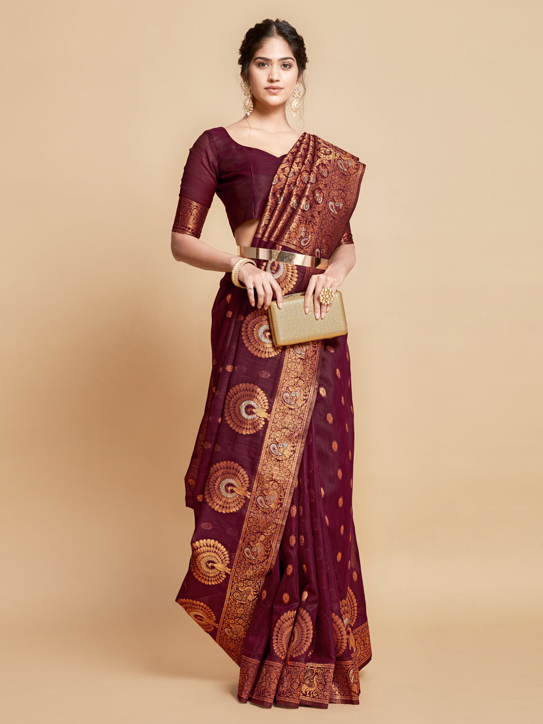 Dhiyona GR Women's Sargam Burnt Burgundy Zari Woven Design Linen Saree