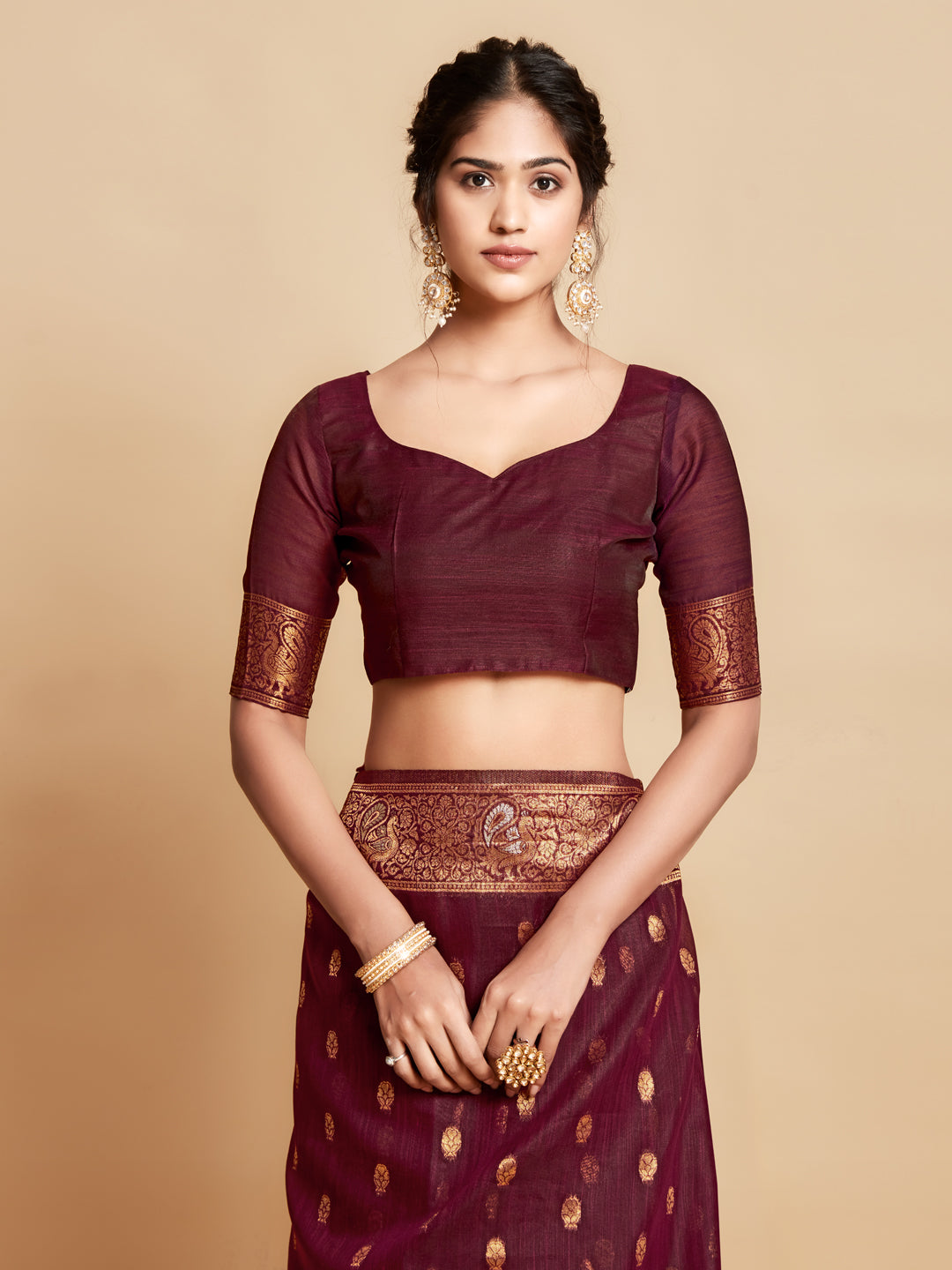 Dhiyona GR Women's Sargam Burnt Burgundy Zari Woven Design Linen Saree
