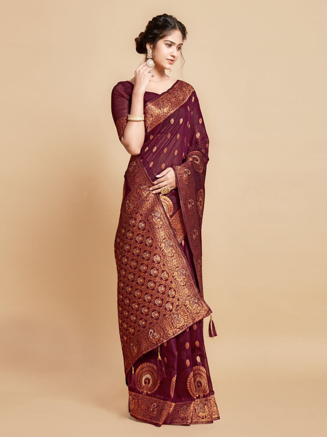 Dhiyona GR Women's Sargam Burnt Burgundy Zari Woven Design Linen Saree