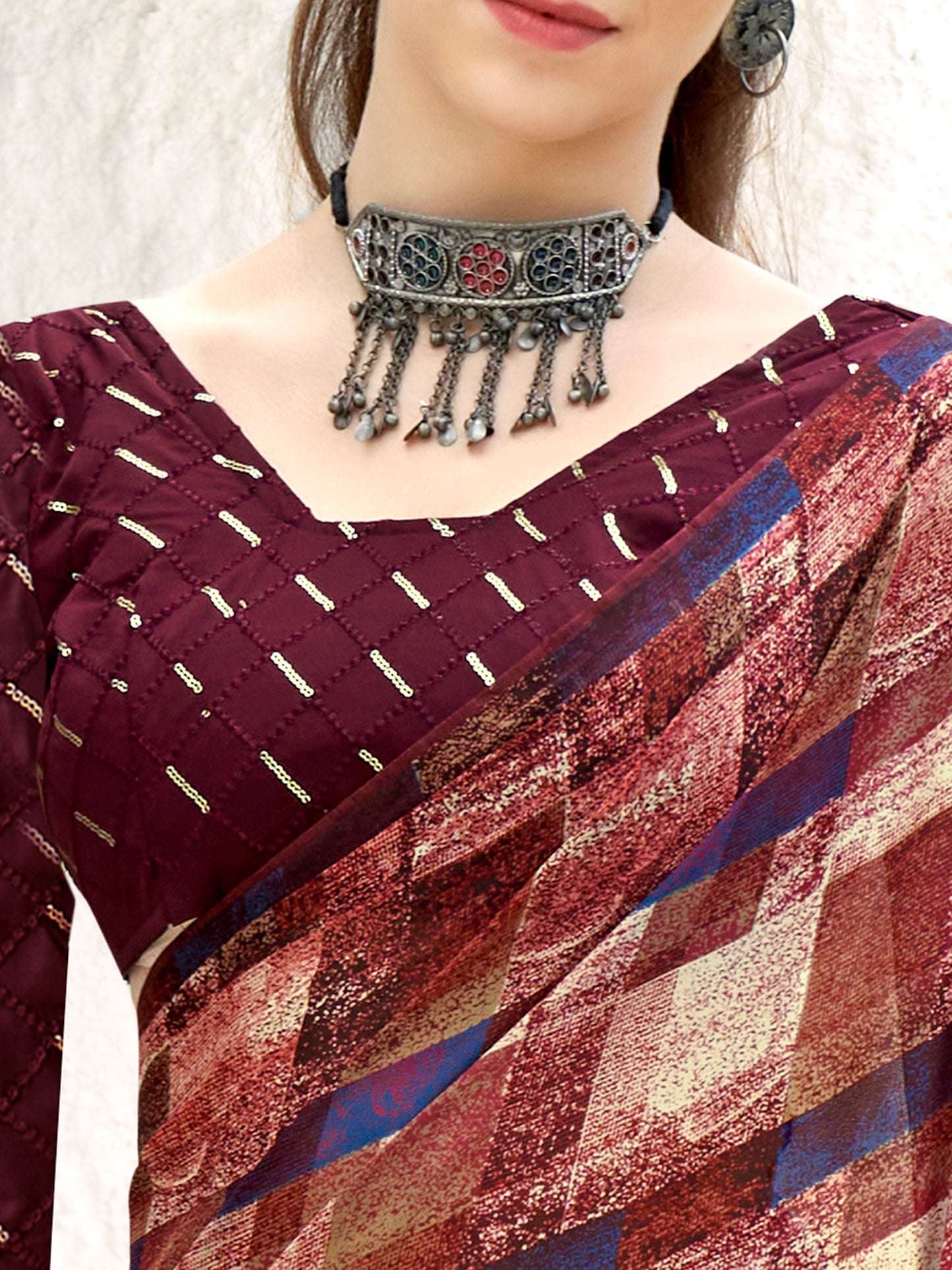 Women's Georgette Magenta Printed Designer Saree With Blouse Piece