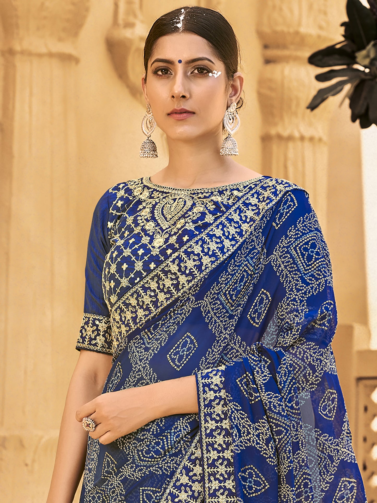 Women's Georgette Blue Embellished Designer Saree With Blouse Piece