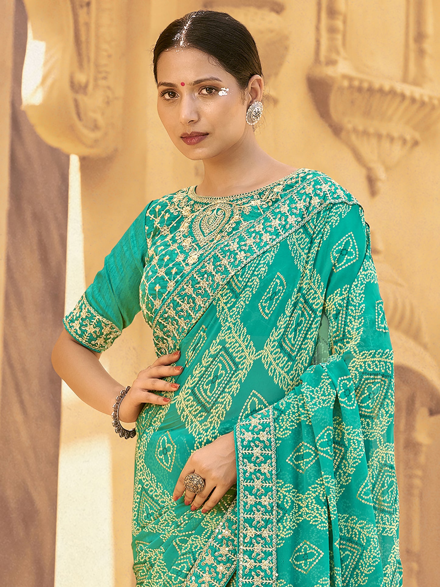 Women's Georgette Turquoise Embellished Designer Saree With Blouse Piece