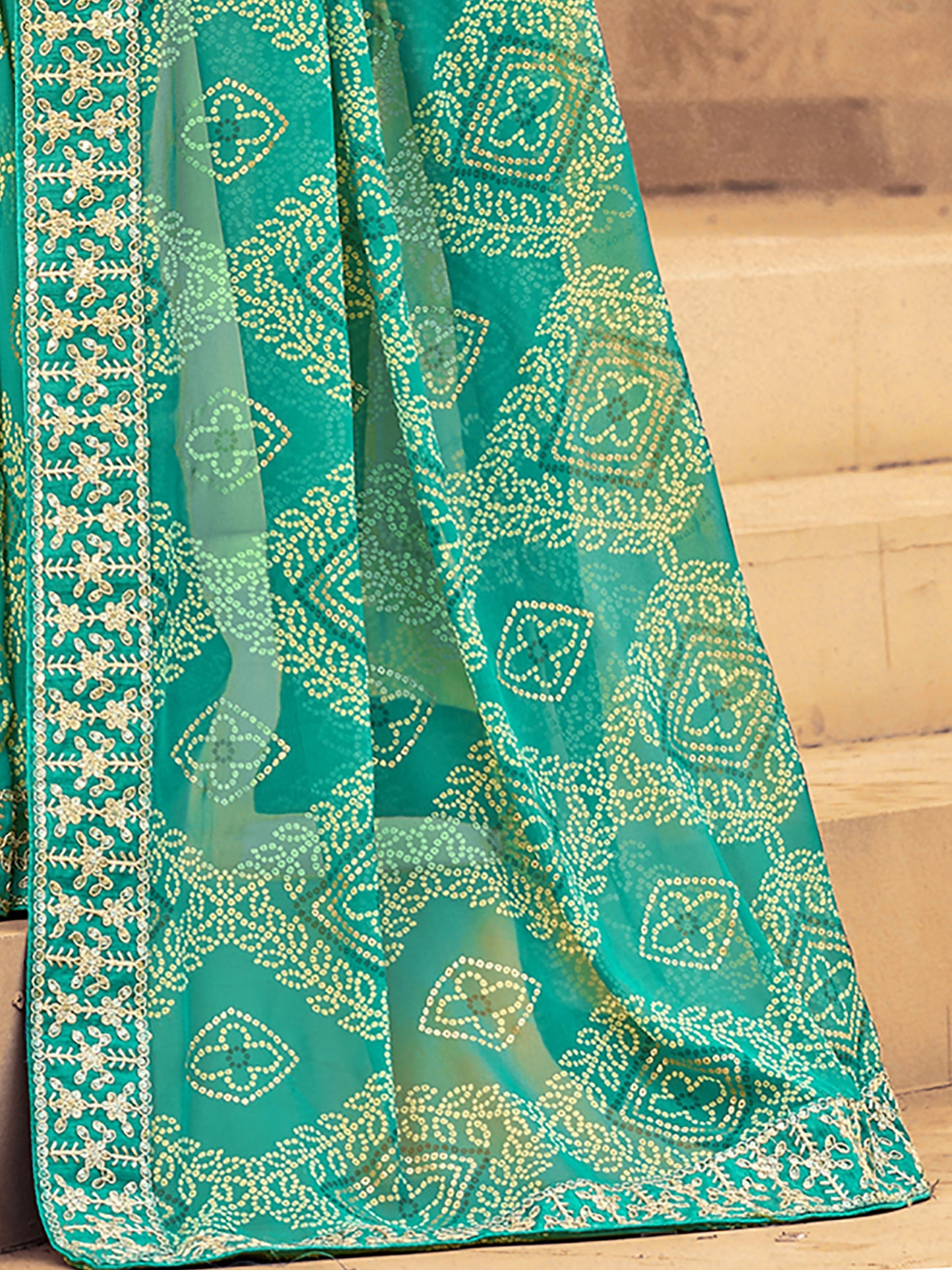 Women's Georgette Turquoise Embellished Designer Saree With Blouse Piece