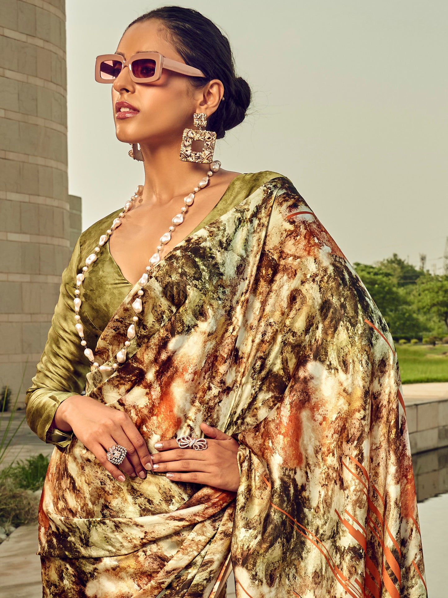 Women's Satin Silk Olive Printed Designer Saree With Blouse Piece