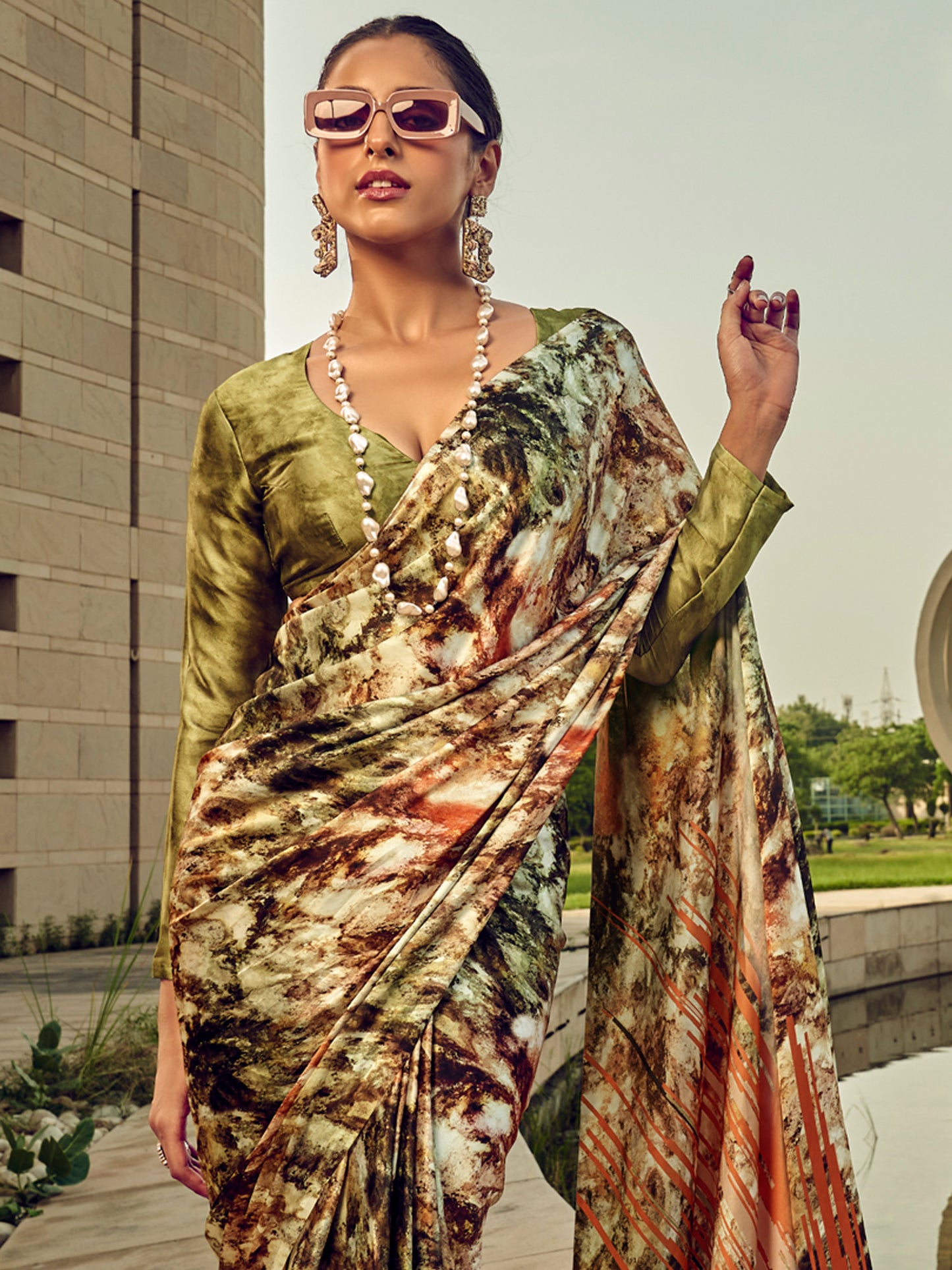 Women's Satin Silk Olive Printed Designer Saree With Blouse Piece