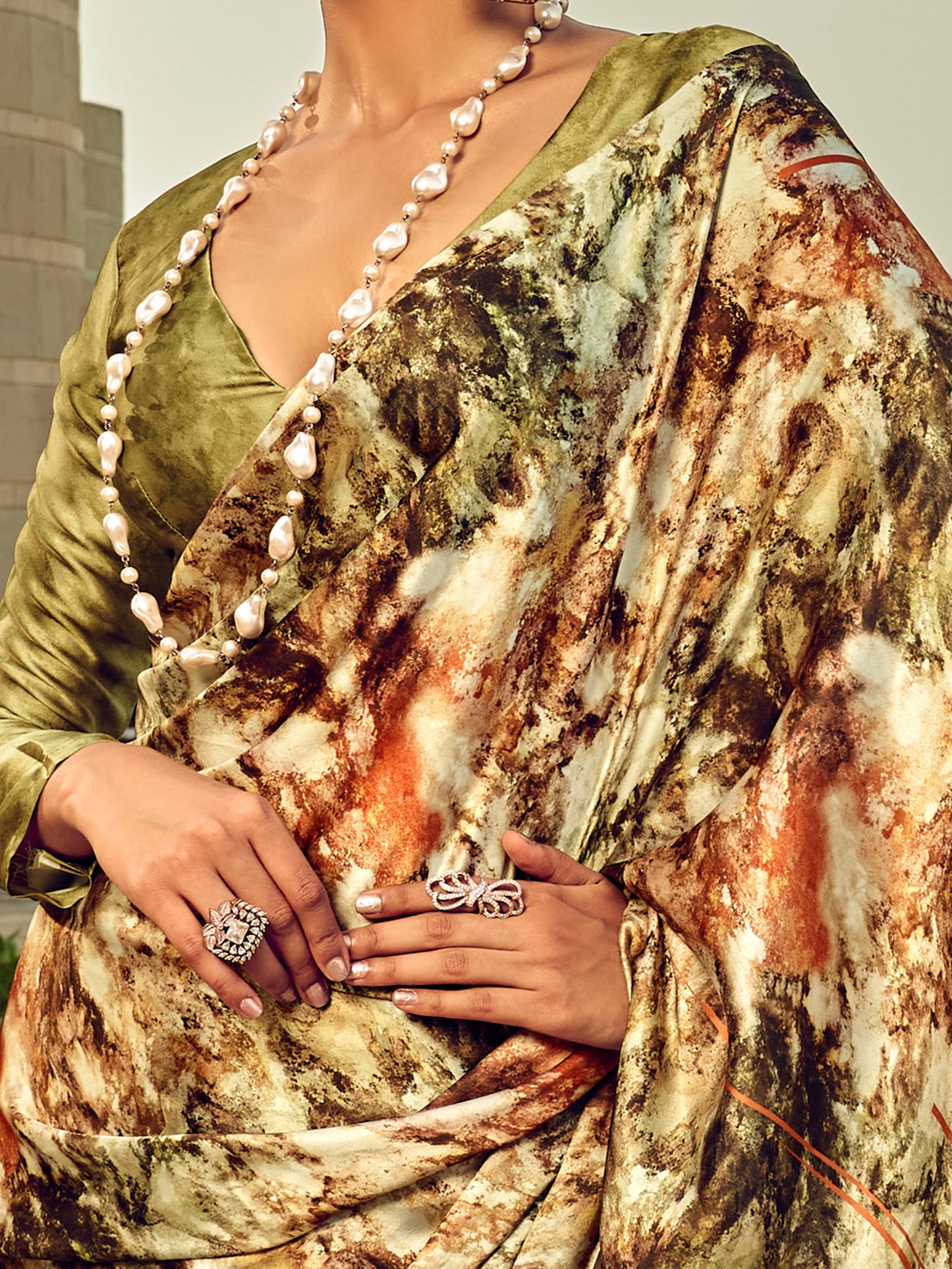 Women's Satin Silk Olive Printed Designer Saree With Blouse Piece