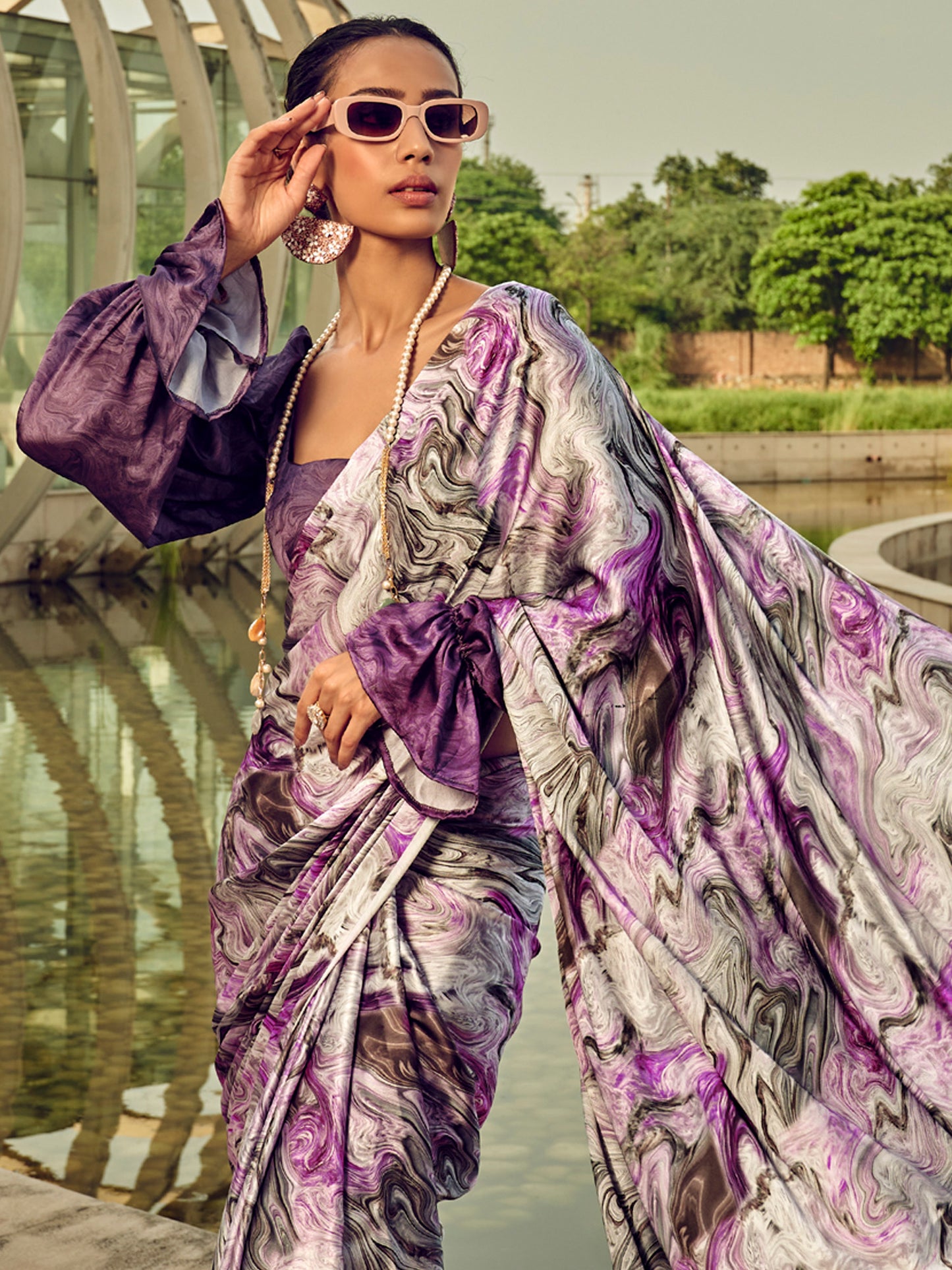 Women's Satin Silk Purple Printed Designer Saree With Blouse Piece