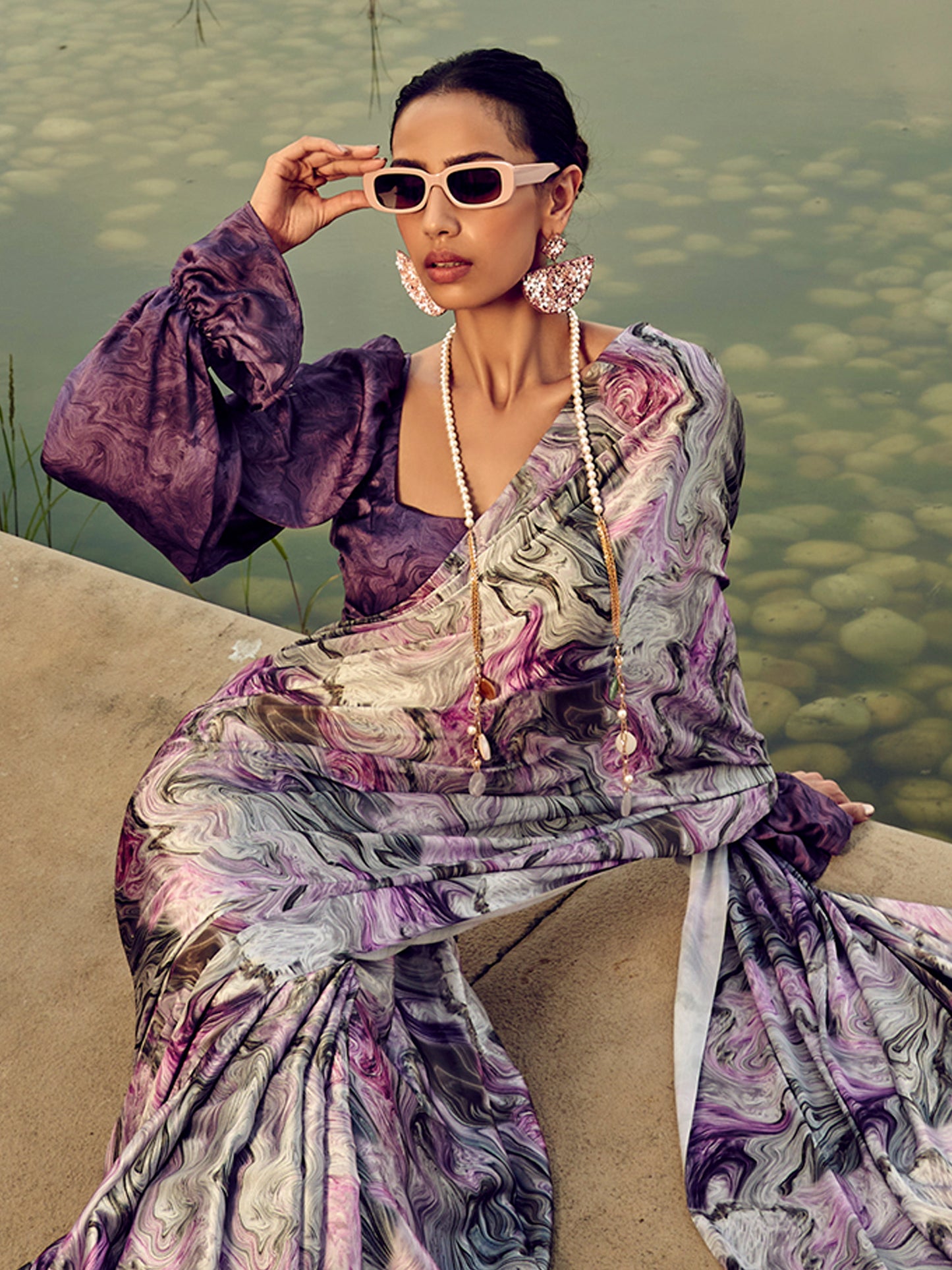 Women's Satin Silk Purple Printed Designer Saree With Blouse Piece