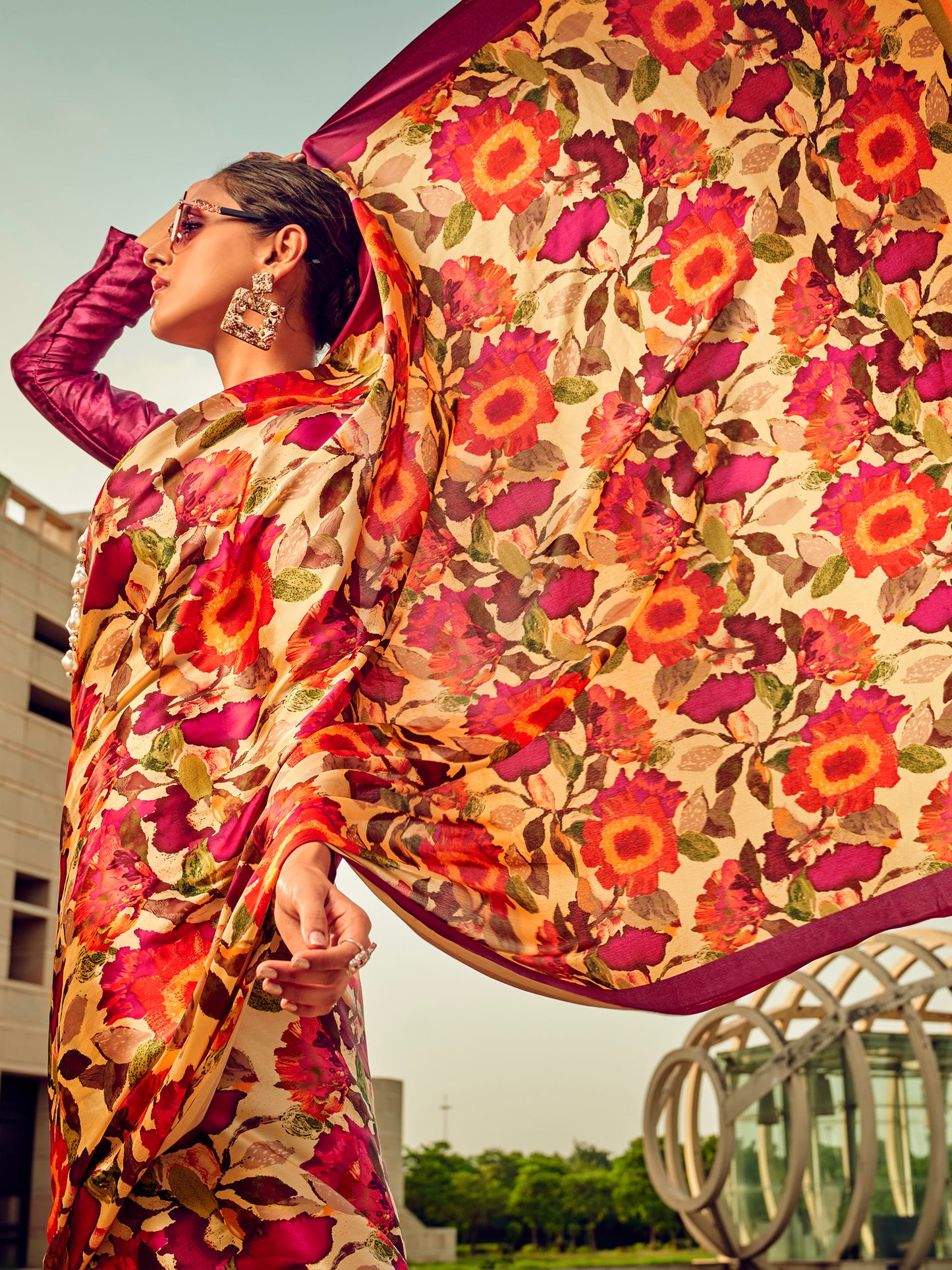 Women's Satin Silk Beige Printed Designer Saree With Blouse Piece